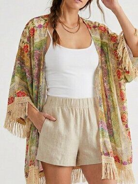 64 sixty five Women's Boho Floral Kimono Top Rayon Lightweight Open Front size M